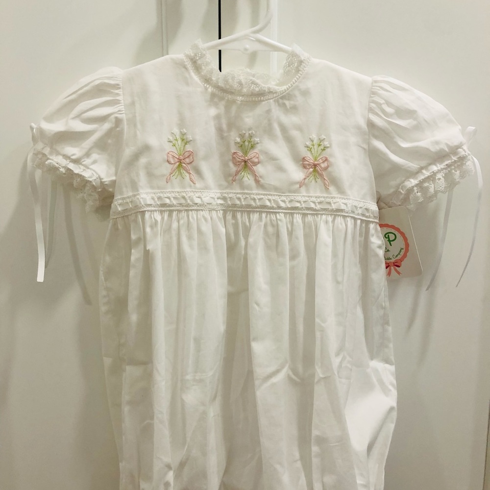White Smocked Baby Dress with Pink Bow Embroidery
